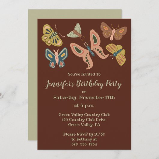 フォークアートモス蝶の誕生日パカスタムーティー 招待状 (正面/裏面)