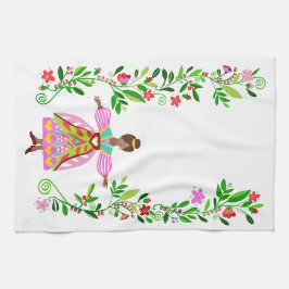 フォークアートモダンスタイルアフリカンアメリカンフラワーガール キッチンタオル