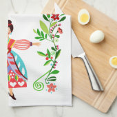 フォークアートモダンスタイルフラワーガーデンガール キッチンタオル (四つ折り)
