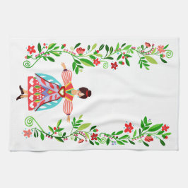 フォークアートモダンスタイルフラワーガーデンガール キッチンタオル