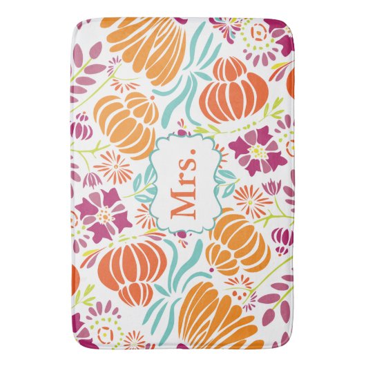 フォークアートモノグラムフローラミセスまたはパーソナライズ バスマット (正面縦)