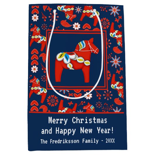 フォークアートレッドスウェーデンダラホースフォークアートパターン ミディアムペーパーバッグ (正面)