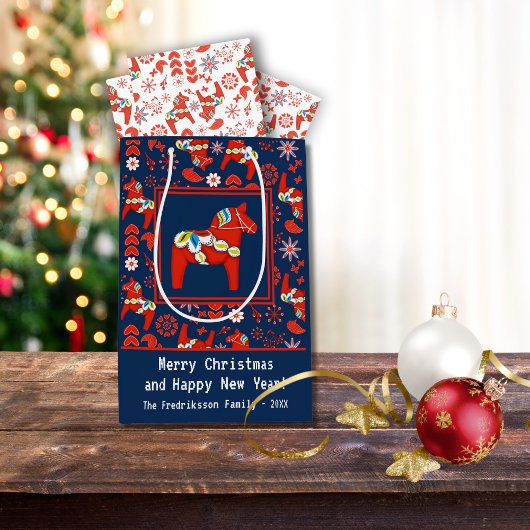 フォークアートレッドスウェーデンダラホースフォークアートパターン ミディアムペーパーバッグ