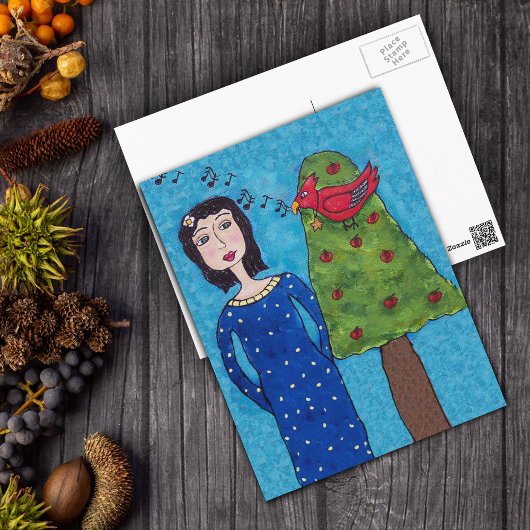 フォークアートレディーアップルツリーレッドバードミュージカルノート ポストカード