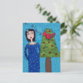 フォークアートレディーアップルツリーレッドバードミュージカルノート ポストカード (スタンド正面)