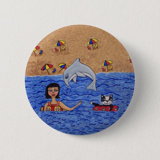 フォークアートレディーキャットビーチ海ドルフィンスイミング 缶バッジ (正面)