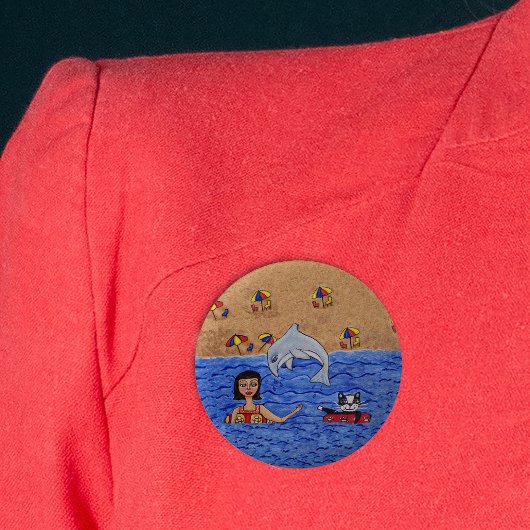 フォークアートレディーキャットビーチ海ドルフィンスイミング 缶バッジ