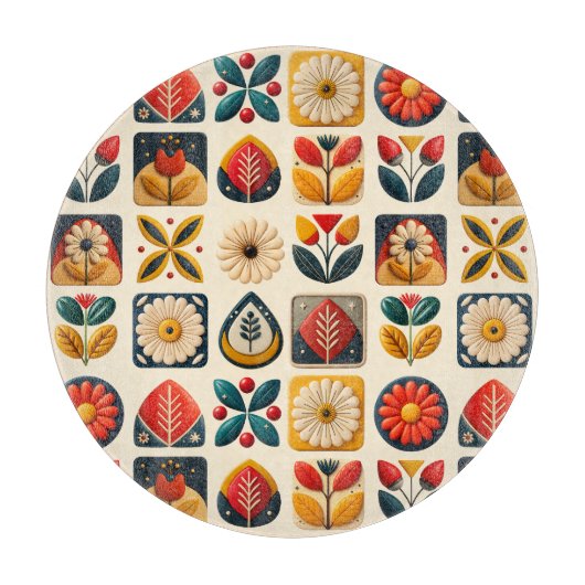 フォークアートレトロフローラモザイクコーズ カッティングボード (正面)