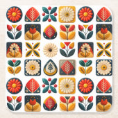 フォークアートレトロフローラモザイクコーズ スクエアペーパーコースター (正面)