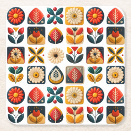 フォークアートレトロフローラモザイクコーズ スクエアペーパーコースター