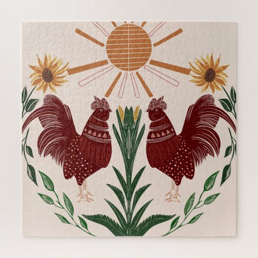 フォークアートロスターサンシャインシンメトリデザイン ジグソーパズル (縦)