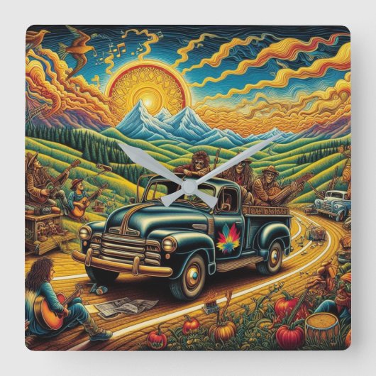 フォークアートロードトリップ スクエア壁時計 (正面)