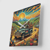 フォークアートロードトリップ スクエア壁時計 (傾斜)