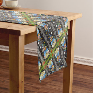 フォークアート不気味ウィッチ森の黒猫とフクロウ ショートテーブルランナー