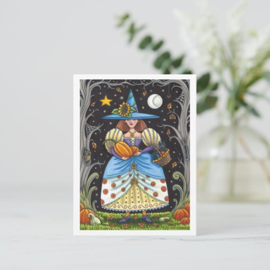フォークアート不気味ウィッチ森の黒猫とフクロウ シーズンポストカード (スタンド正面)