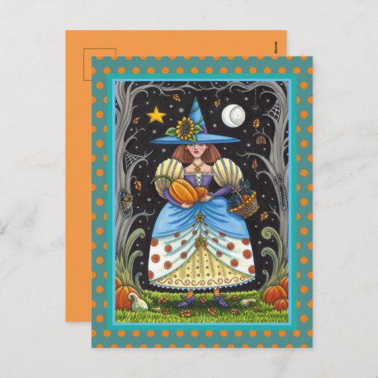 フォークアート不気味ウィッチ森の黒猫とフクロウ シーズンポストカード (正面/裏面)