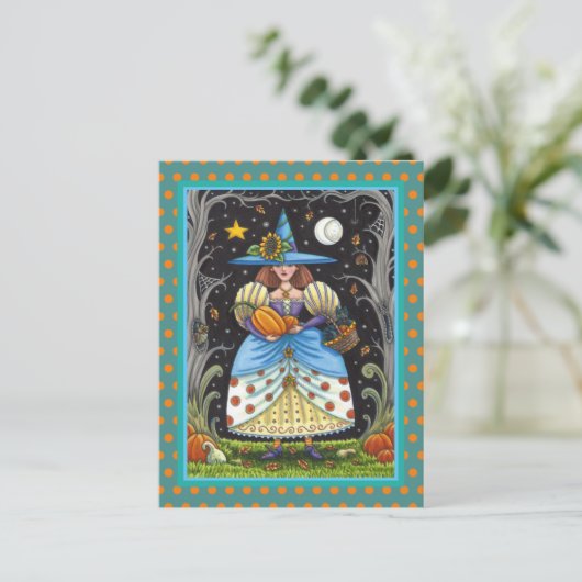 フォークアート不気味ウィッチ森の黒猫とフクロウ シーズンポストカード (スタンド正面)