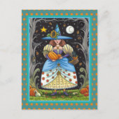 フォークアート不気味ウィッチ森の黒猫とフクロウ シーズンポストカード (正面)