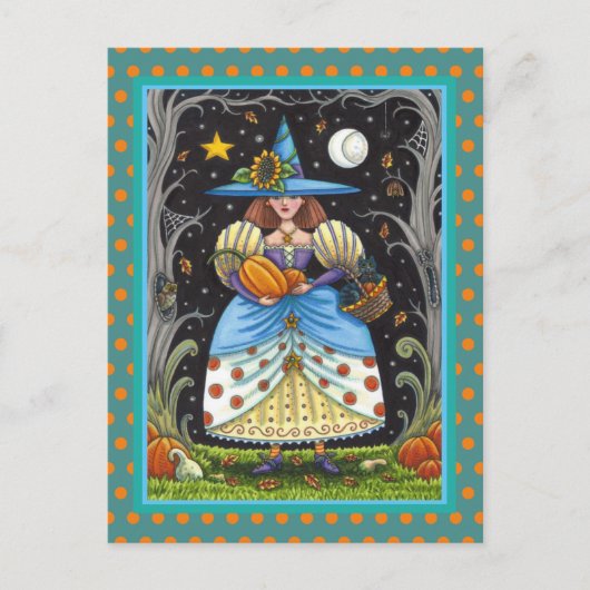 フォークアート不気味ウィッチ森の黒猫とフクロウ シーズンポストカード (正面)