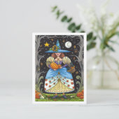 フォークアート不気味ウィッチ森の黒猫とフクロウ シーズンポストカード (スタンド正面)