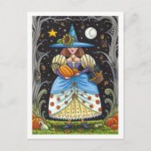 フォークアート不気味ウィッチ森の黒猫とフクロウ シーズンポストカード (正面)