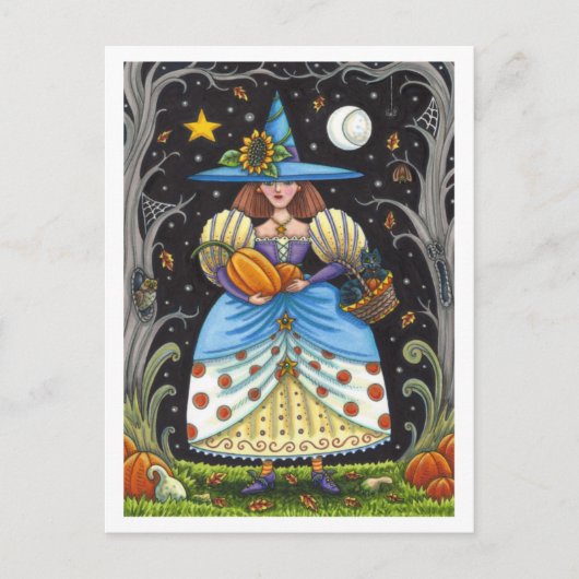 フォークアート不気味ウィッチ森の黒猫とフクロウ シーズンポストカード (正面)