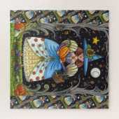 フォークアート不気味ウィッチ森の黒猫とフクロウ ジグソーパズル (横)