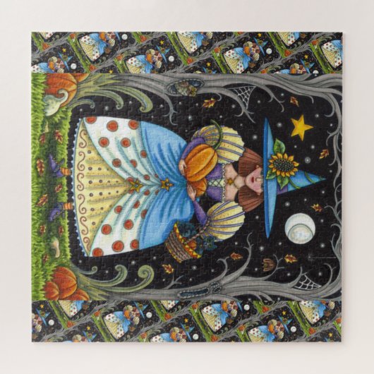 フォークアート不気味ウィッチ森の黒猫とフクロウ ジグソーパズル (横)