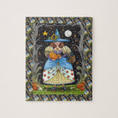 フォークアート不気味ウィッチ森の黒猫とフクロウ ジグソーパズル (縦)