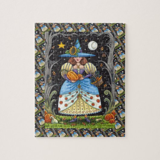 フォークアート不気味ウィッチ森の黒猫とフクロウ ジグソーパズル (縦)