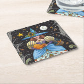 フォークアート不気味ウィッチ森の黒猫とフクロウ スクエアペーパーコースター (アングル)