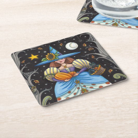 フォークアート不気味ウィッチ森の黒猫とフクロウ スクエアペーパーコースター (アングル)