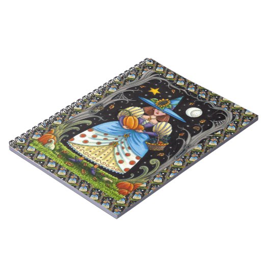 フォークアート不気味ウィッチ森の黒猫とフクロウ ノートブック (左側)