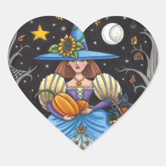 フォークアート不気味ウィッチ森の黒猫とフクロウ ハートシール (正面)