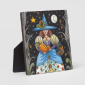 フォークアート不気味ウィッチ森の黒猫とフクロウ フォトプラーク (正面)