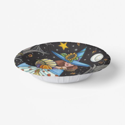 フォークアート不気味ウィッチ森の黒猫とフクロウ ペーパーボウル (傾斜あり)