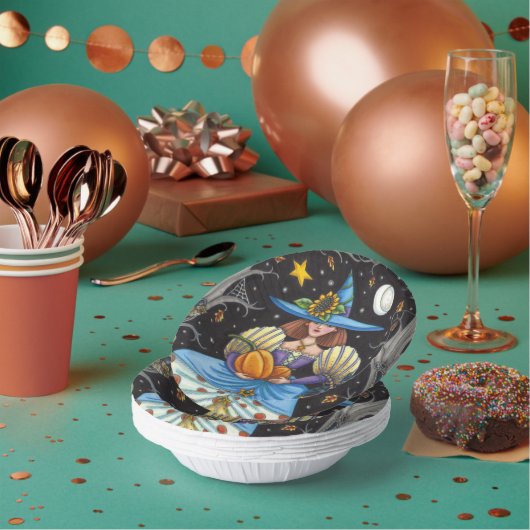 フォークアート不気味ウィッチ森の黒猫とフクロウ ペーパーボウル (複数)