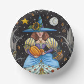 フォークアート不気味ウィッチ森の黒猫とフクロウ ペーパーボウル (正面)