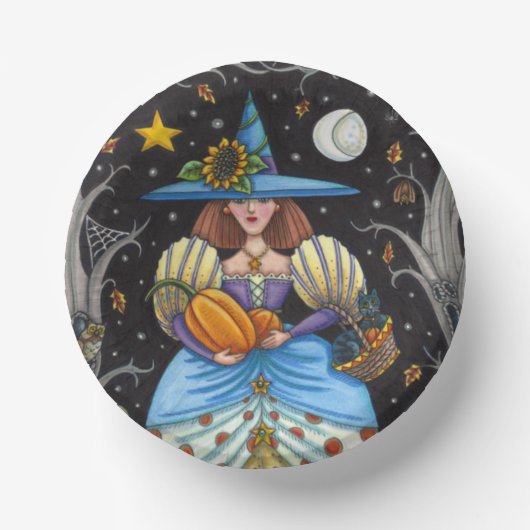 フォークアート不気味ウィッチ森の黒猫とフクロウ ペーパーボウル (正面)