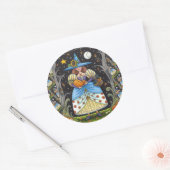 フォークアート不気味ウィッチ森の黒猫とフクロウ ラウンドシール (封筒)