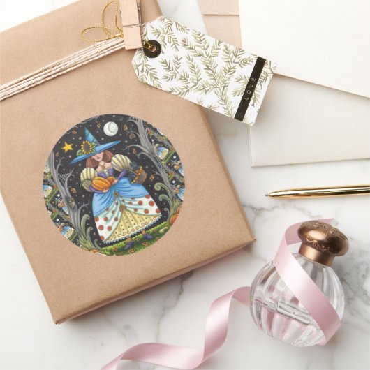 フォークアート不気味ウィッチ森の黒猫とフクロウ ラウンドシール (ギフト)