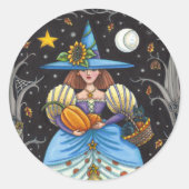 フォークアート不気味ウィッチ森の黒猫とフクロウ ラウンドシール (正面)