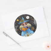 フォークアート不気味ウィッチ森の黒猫とフクロウ ラウンドシール (封筒)