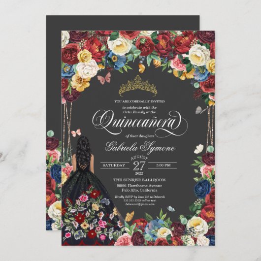 フォークアート刺繍バタフライフローラキンセアニェラ  招待状 (正面/裏面)