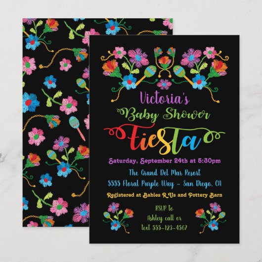フォークアート刺繍メキシカンフィエスタベビーシャワー 招待状 (正面/裏面)
