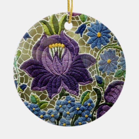 フォークアート刺繍花 セラミックオーナメント (正面)
