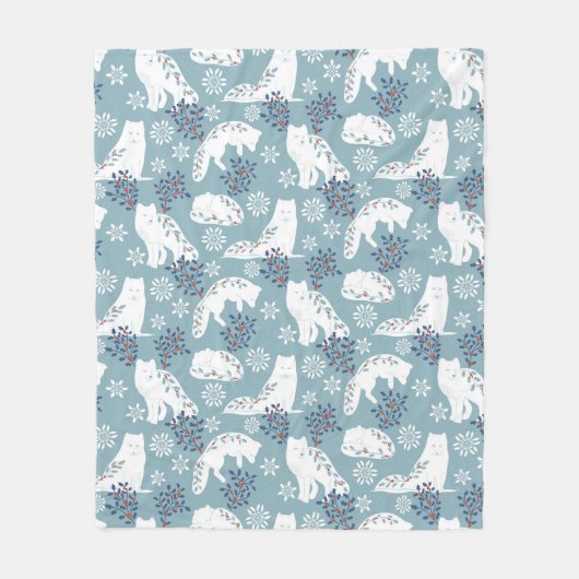 フォークアート北極キツネインザスノーウィズホリー フリースブランケット (正面)