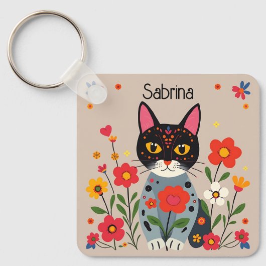 フォークアート猫と花パーソナライズされた キーホルダー (正面)