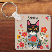 フォークアート猫と花パーソナライズされた キーホルダー (正面)