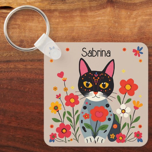 フォークアート猫と花パーソナライズされた キーホルダー (正面)